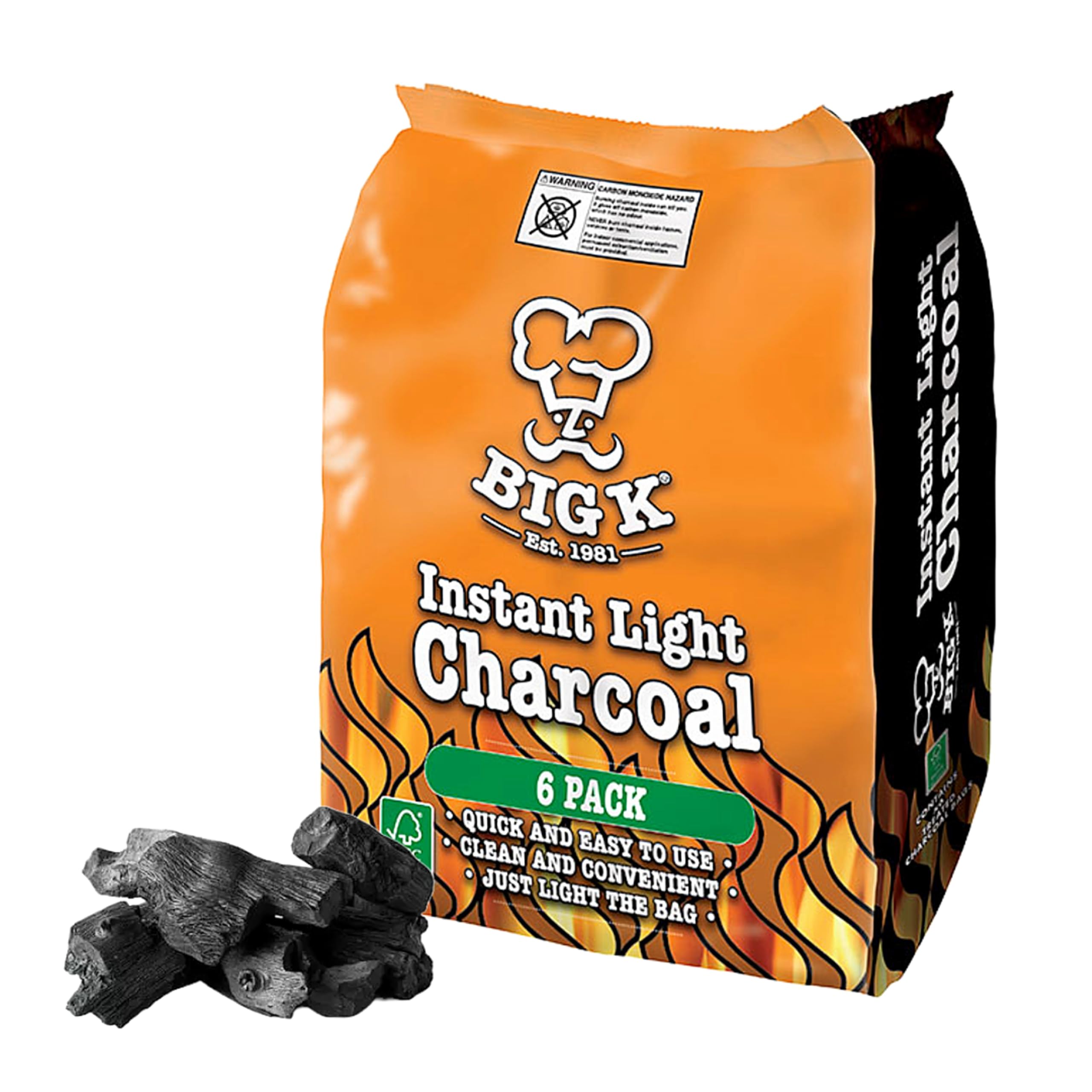 Big K Instant Light Lumpwood Charcoal Bags - 6x1kg BBQ Coals Instant Bags are easy to use, just light the individual bag. Take the stress out of your home BBQ with Instant Charcoal