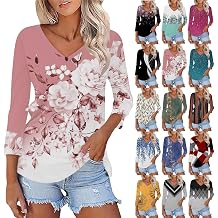 yaoeye 3/4 Length Sleeve Womens Tops Casual Round Neck Cute Shirts Fashion Loose Fit T-Shirts Ladies Tops and Blouses
