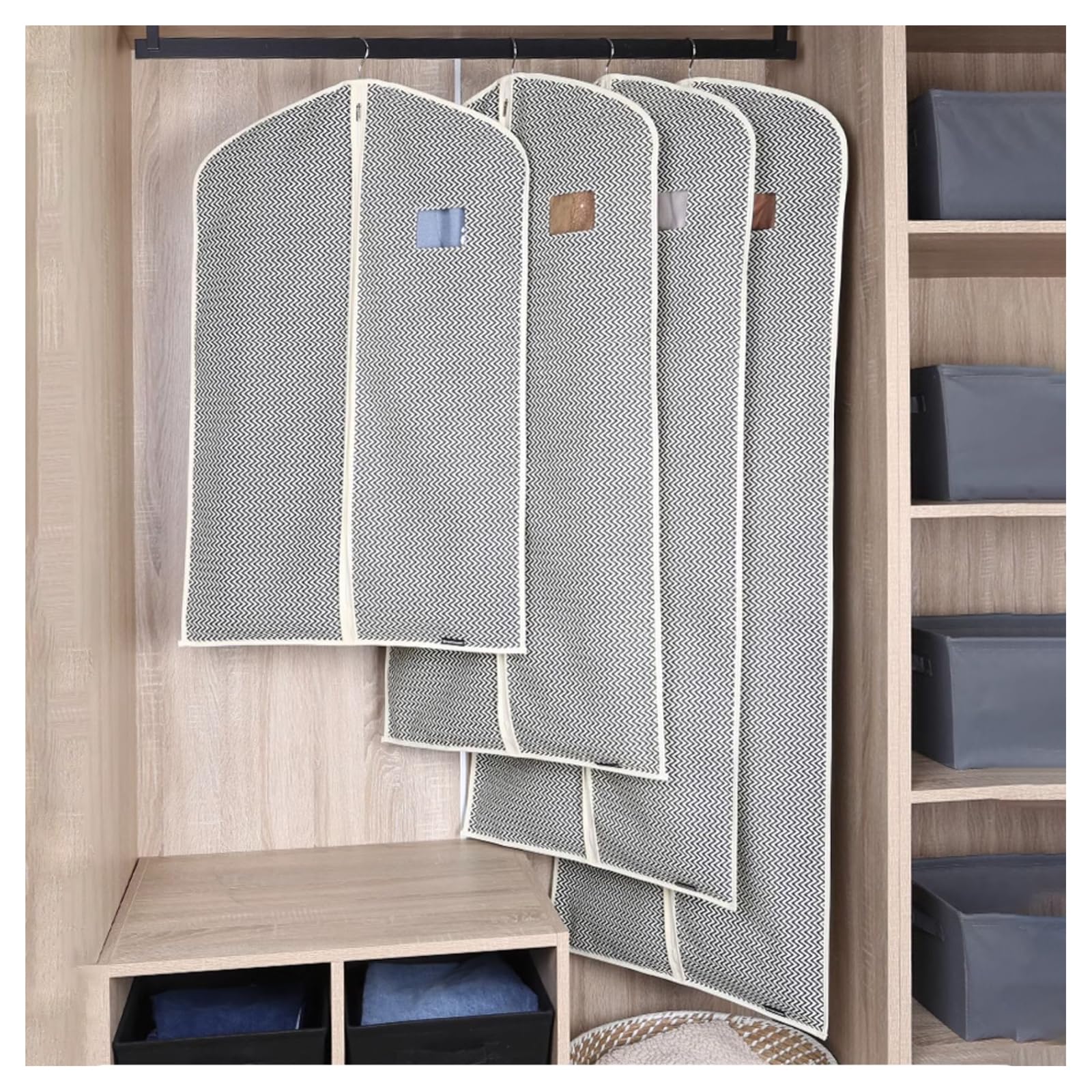 Garment Bags for Hanging Clothes Cotton Breathable Suit Bags and Garment Covers Moth Proof Suit Covers Dress Bag Clothes Protector Covers for All Garments(Size:110×58cm,Color:Stripe-Flat) — image 1