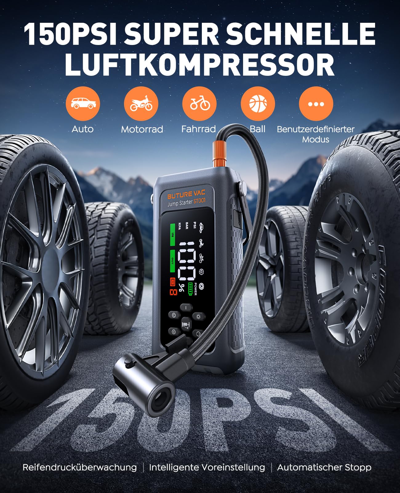 5000A Starthilfe Powerbank mit 150PSI Kompressor, 12V Auto Starthilfe Powerbank für 12 V(Bis zu All Benzin und 9.0L Dieselmotor)，Booster Auto Starthilfe mit Taschenlampe, Zwangsstart, Handschuhe