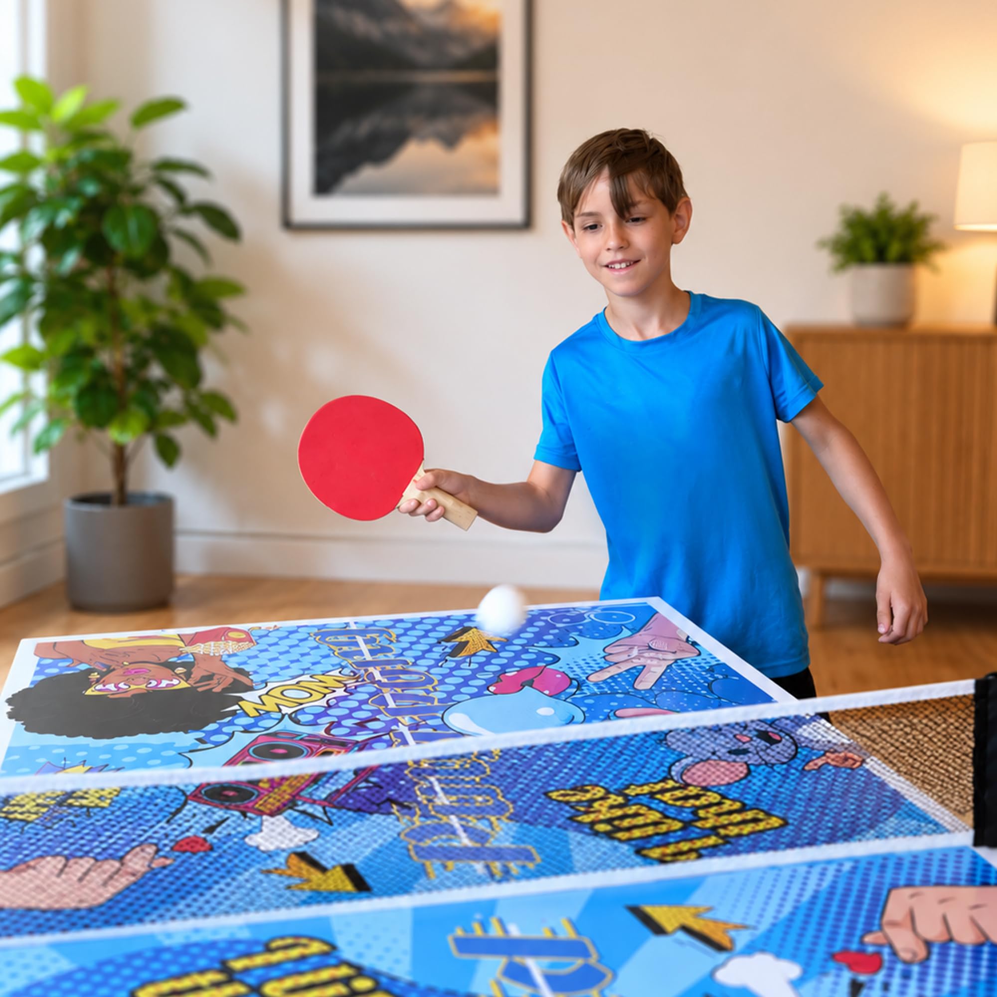 Bandito Mini tavolo da ping pong con 2 racchette e 3 palline in stile fumetto, pieghevole con maniglia per il trasporto, tavolo da ping pong di medie dimensioni, piccolo tavolo da ping pong per
