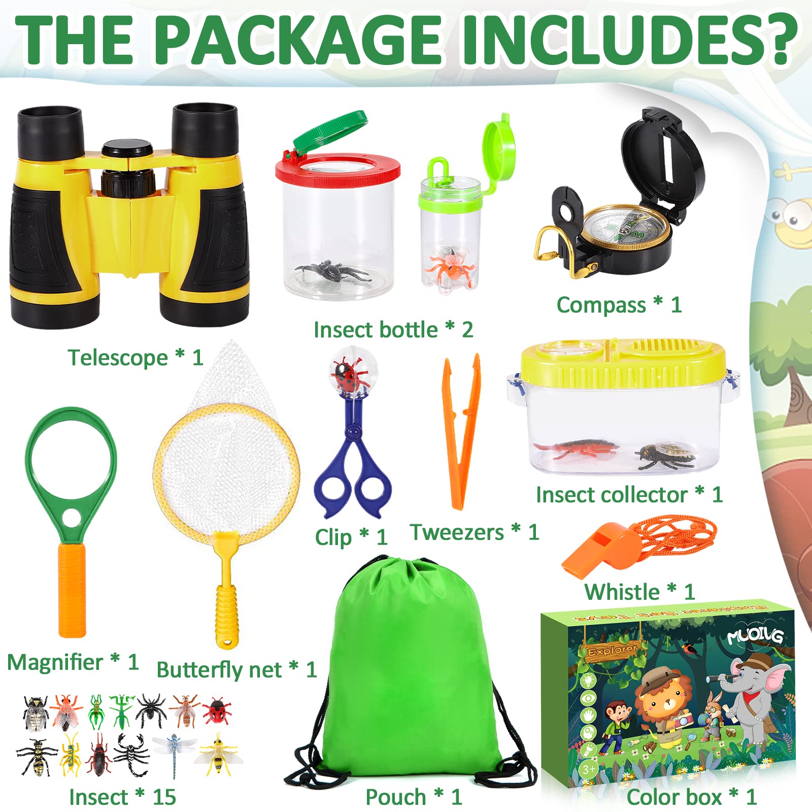 Set di Giocattoli da Esploratore Esterno, binocolo per Bambini 27 Pezzi Set da Esploratore per Bambini avventuriero,Giocattoli da Regalo incl pinzette, Bussola, Fischio, Lente d'Ingrandimento