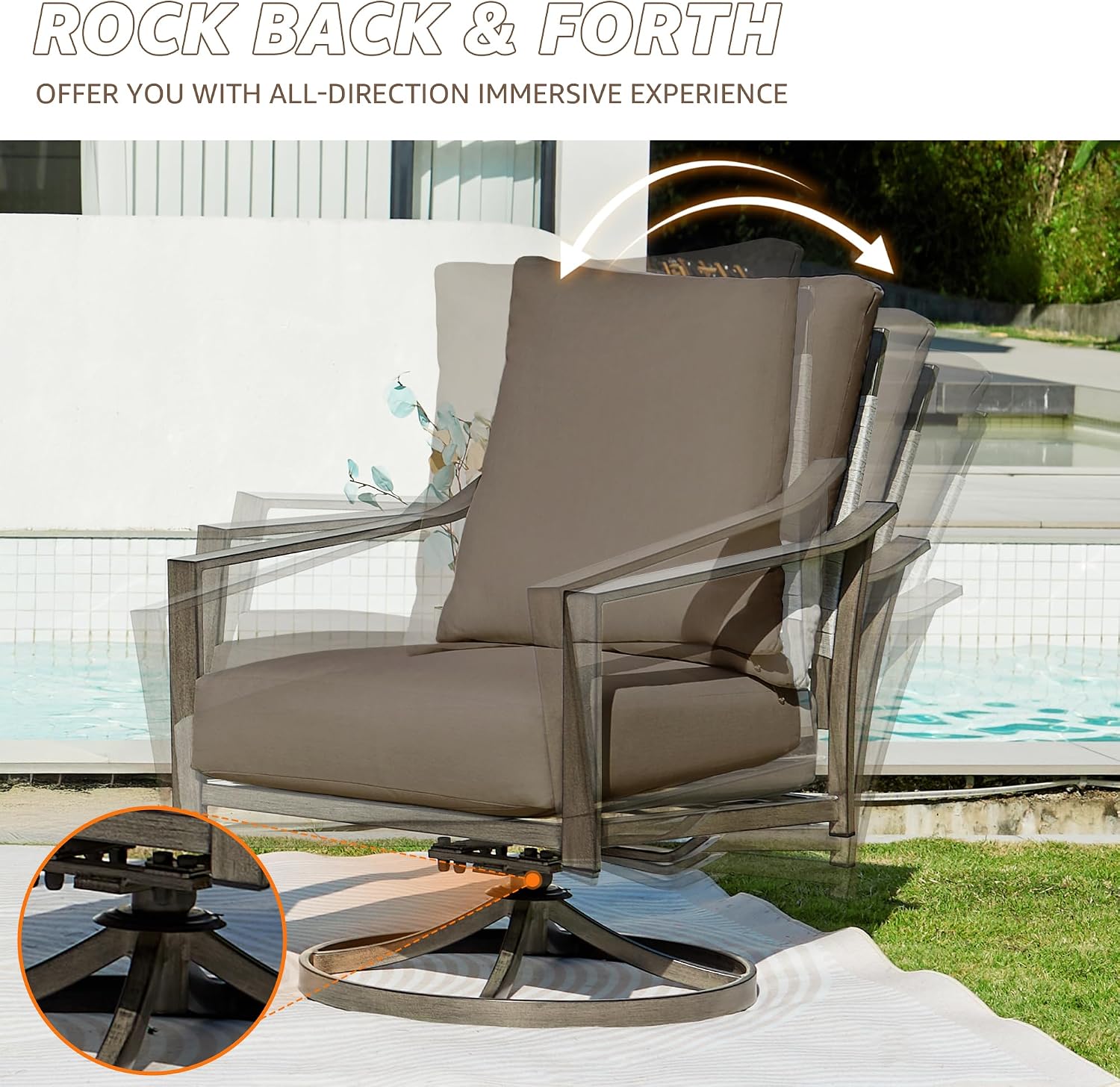 NATURAL EXPRESSIONS Patio Furniture Set,4 Piece Outdoor Conversation Metal Swivel Rocking Chairs Set with Hand-Woven Rope High Back,Sturdy Hand Brushed Wood Grain Finish Frame,6" Cushions for Yard