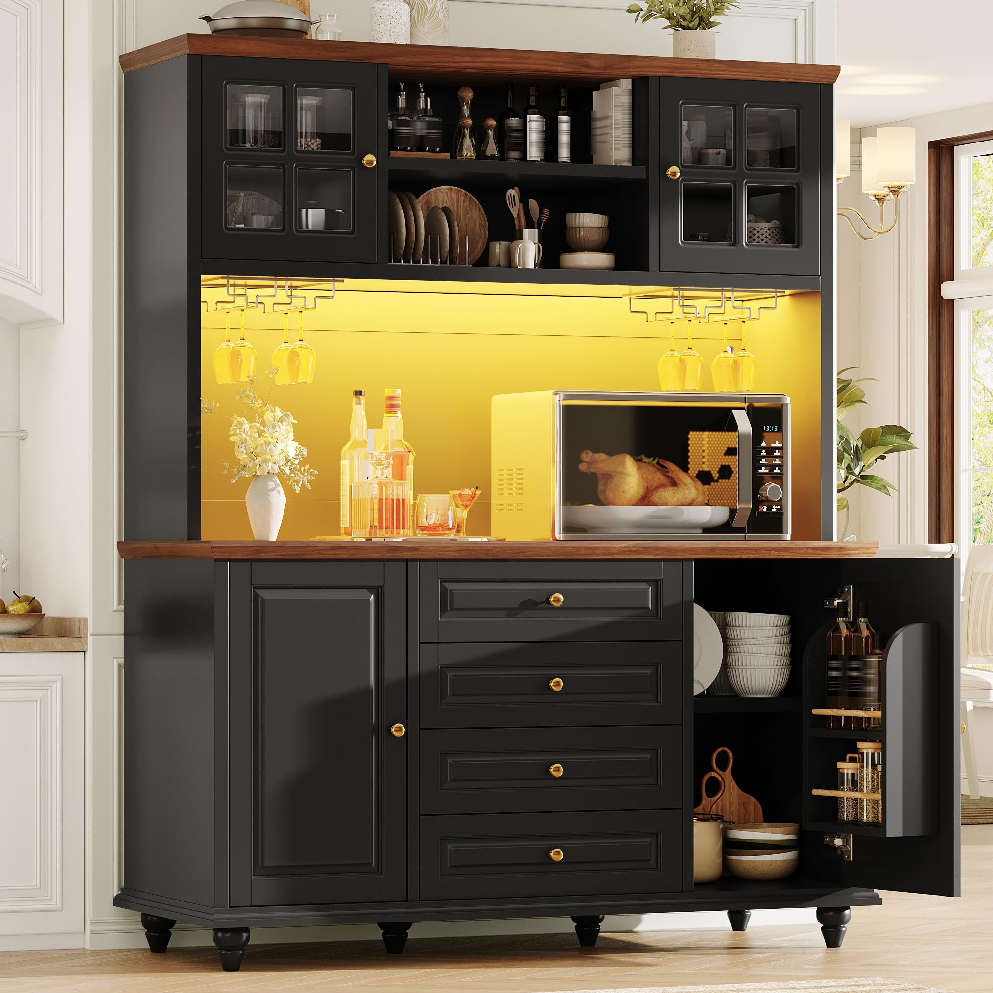 ZKLOEP Highboard Küchenschrank mit verstellbaren Böden, Metall-Weinglashalter, MDF-Korpus, Gummibaumholz-Füßen, moderner Aufbewahrungsschrank für Küche und Wohnzimmer, Schwarz Küche, Haushalt & Wohnen