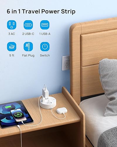 Miniatura 2 de TROND Regleta de alimentación de viaje, cable de extensión retráctil de 5 pies, enchufe plano ultrafino, regleta retráctil con 3 salidas de CA, 3