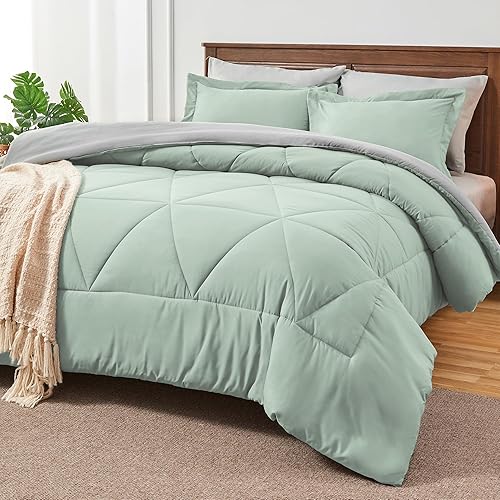 Miniatura 3 de BEDELITE Juego de edredón individual de 5 piezas en una bolsa, juego de cama reversible de microfibra suave verde salvia con edredones, sábanas,