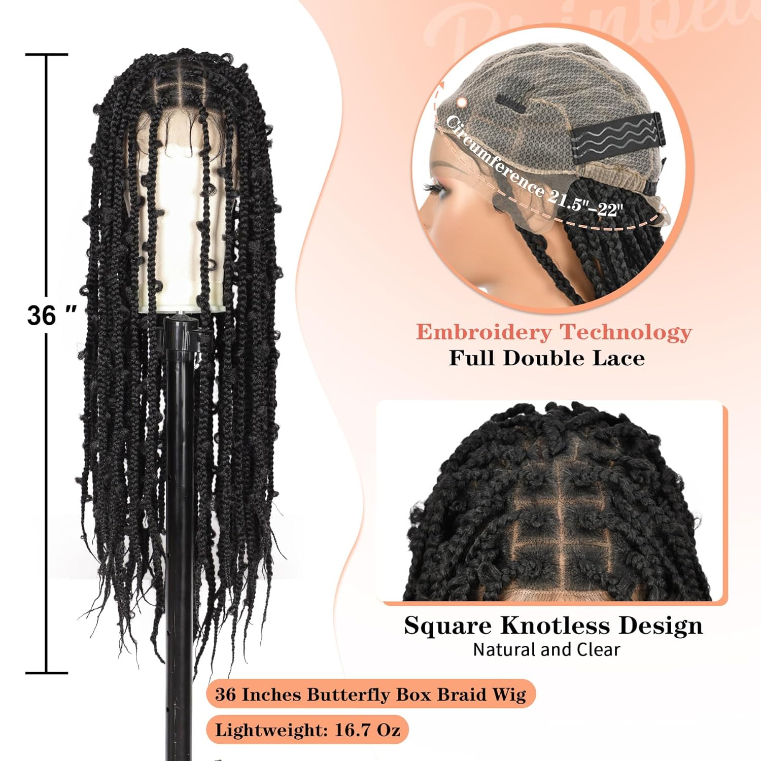 36" Knotless Braided Wigs for Women Box Braid Wig Butterfly Lace Braided Wigs Full Double Lace Front Braided Wigs with Baby Hair Synthetic Hair Braided Lace Front Wigs Natrual Black