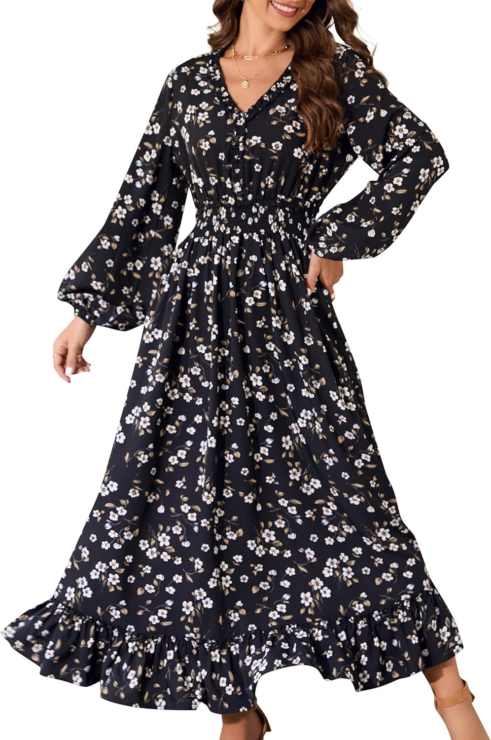 MISSKY Casual V Neck Boho Floral Print Wedding Guest Maxi Dresses for Women Bohemian Flowy Maxi Dress