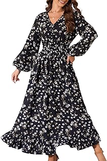 Casual V Neck Boho Floral Print Wedding Guest Maxi Dresses for Women Bohemian Flowy Maxi Dress