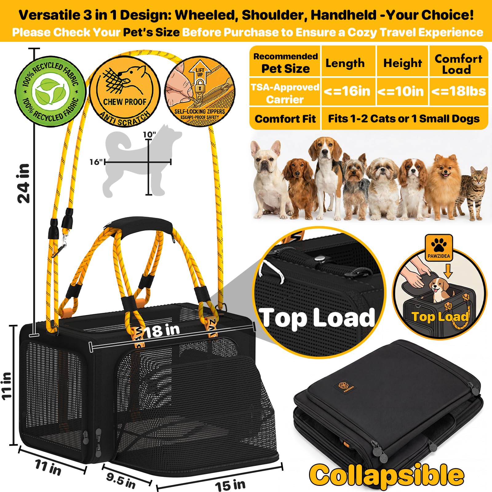 PAWZIDEA Expandable Pet Carrier Airline Approved, 18"&times;11"&times;11" Small Dog Carriers, Collapsible Top-Load Cat Carrier for 2 Cats Under Seat, Soft-Sided Puppy & Animal Travel Bag, ID Card, Up to 15lbs - image 2