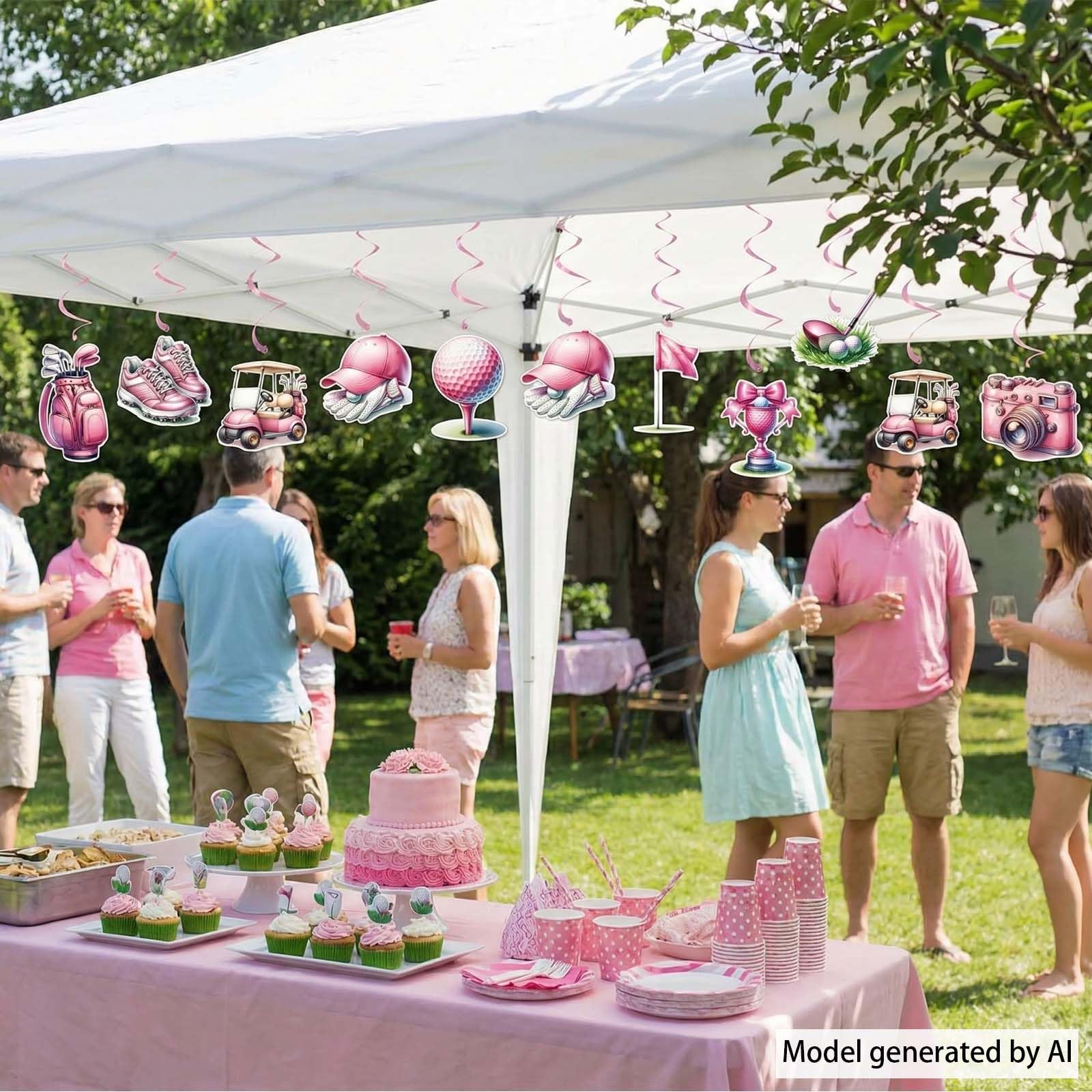 Różowe wiszące dekoracje golfowe, motyw golfa, zawijasy sufitowe dla kobiet i dziewcząt, urodziny, baby shower, wieczór panieński i artykuły na wieczór panieński, 9 szt
