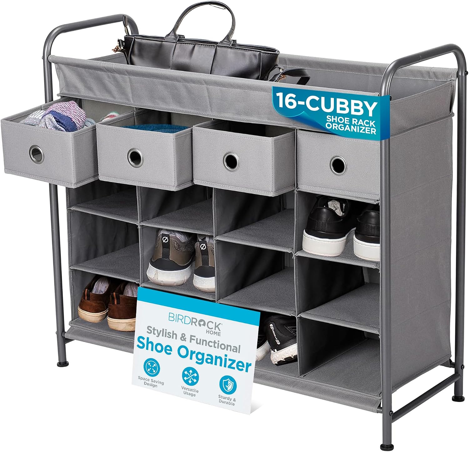 Amazon.com: BIRDROCK HOME 16-Cubby Shoe Rack Organizer with 4 Drawers ...