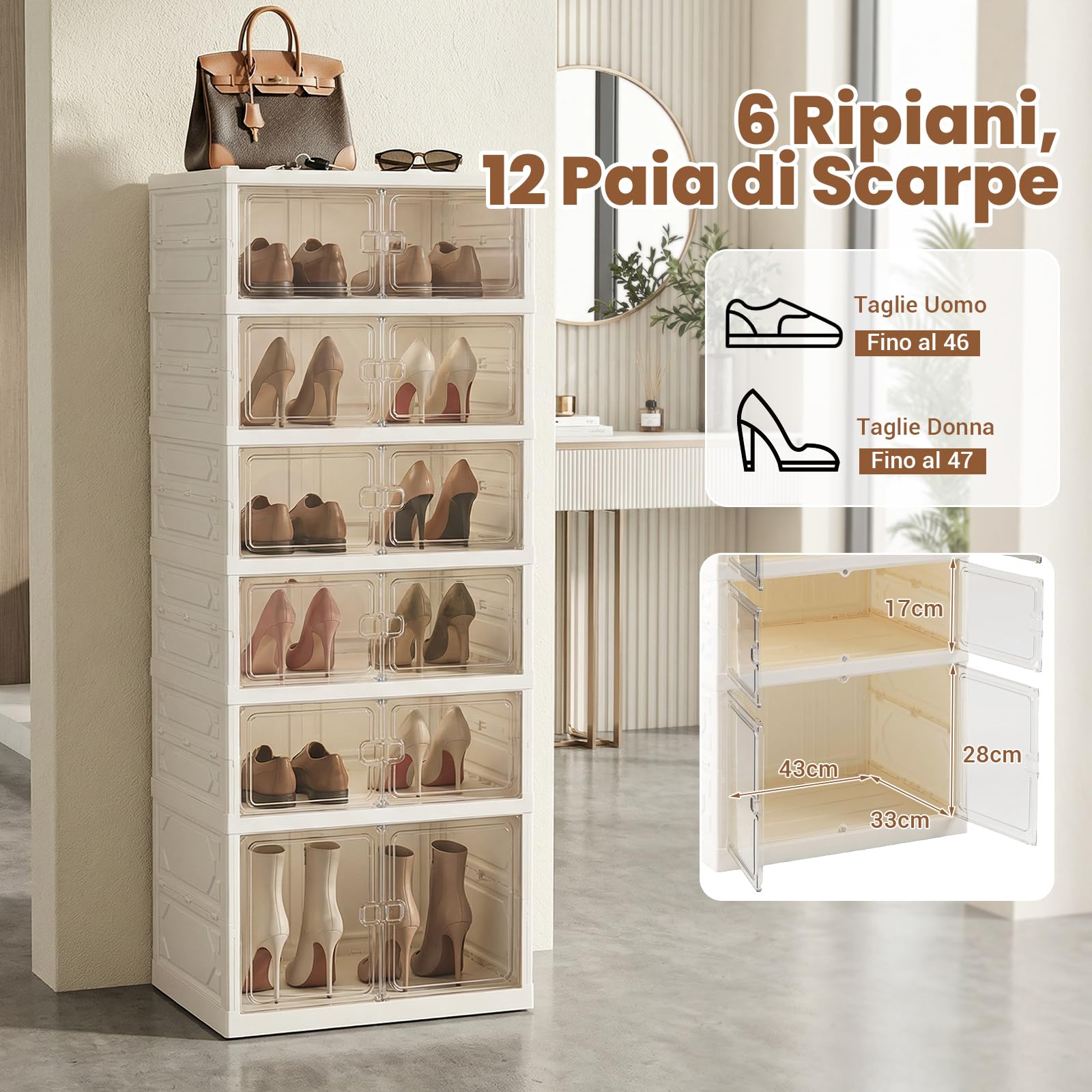 COSTWAY Scatole per Scarpe, Portascarpe Pieghevole per 12 Paia con Porta Magnetica Trasparente, Scarpiera per Ingresso Camera da Letto, 45x35x117 cm