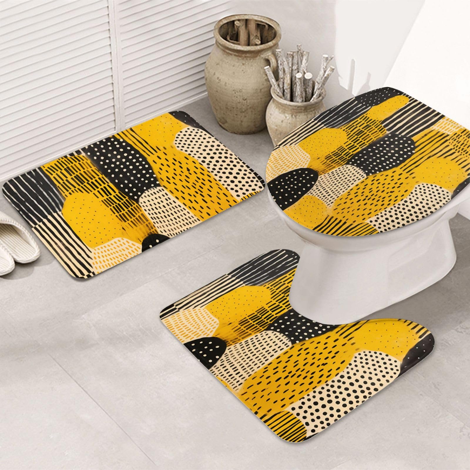 Set di 3 tappetini da bagno in flanella morbida antiscivolo con coperchio per la decorazione della casa, colore: giallo senape e nero