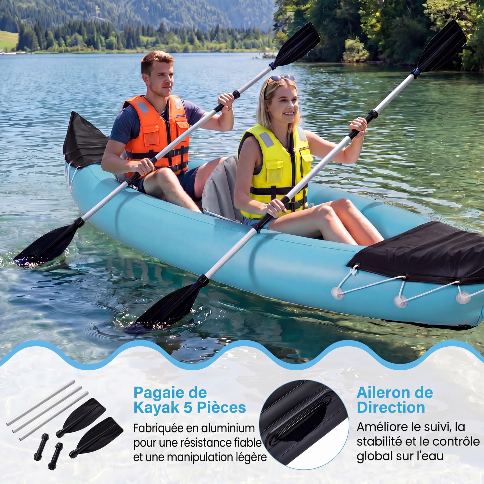 COSTWAY Set de Kayak Gonflable 2 Places | Canoë avec 2 Sièges Rembourrés, Pagaie en Aluminium Pompe, Sac de Transport