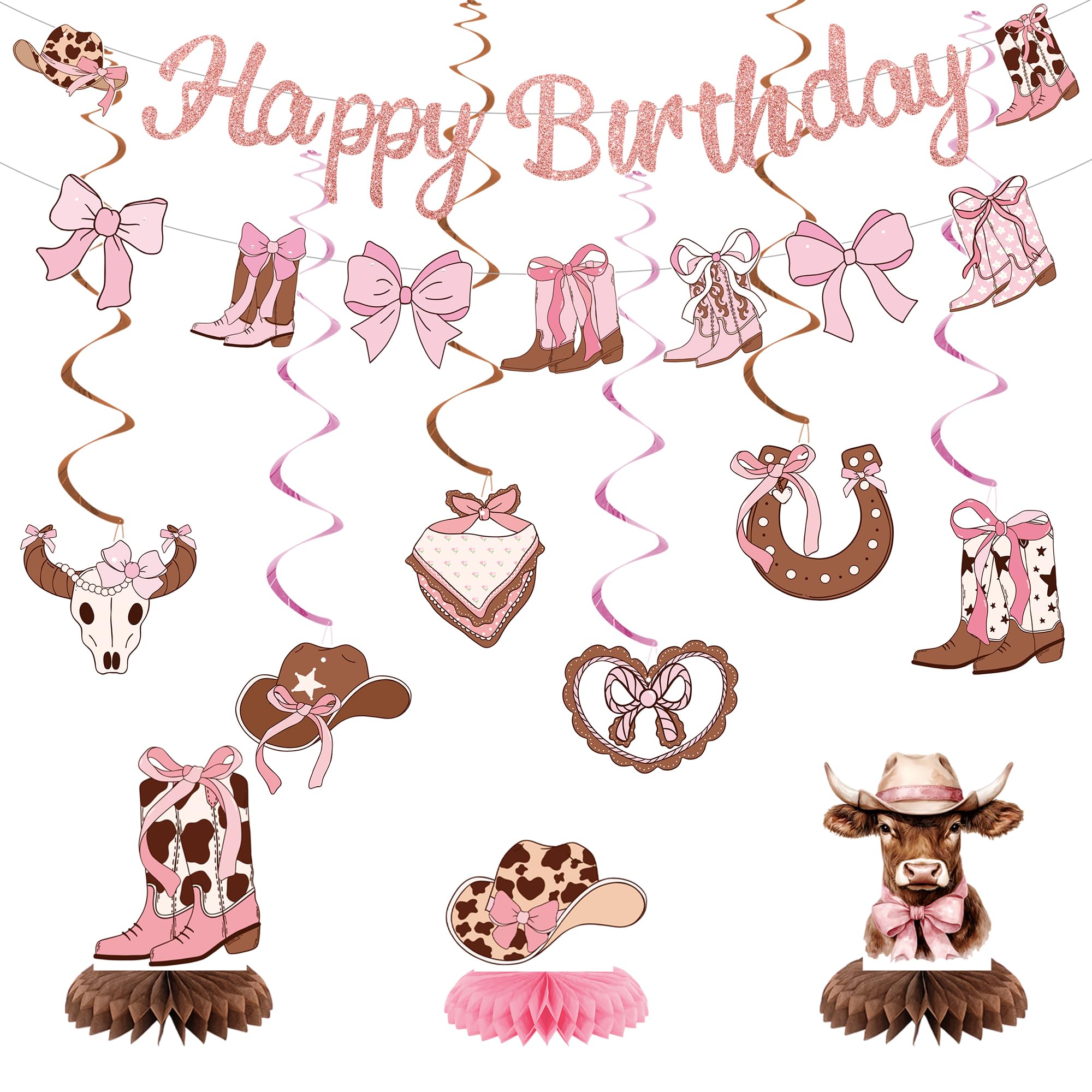 Tazuxetuqe Cowgirl Birthday Party Decorations Pink Glitter Happy Birthday Banner Hanging Swirls Table Adornments For Girls Ladies Boots And Bows