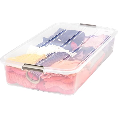 IRIS USA 50 Qt Plastic Under Bed Storage Bin with Lids and Durable Buckles, Multi-Purpose Container Box for Clothes, Shoes, and Duvets, Clear
