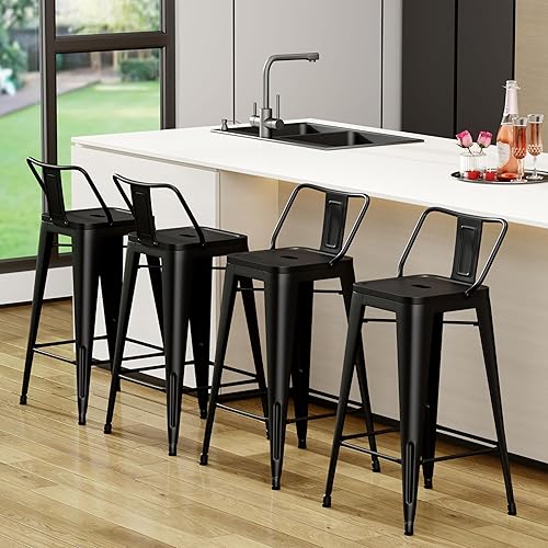 Miniatura 3 de Tongli Juego de 4 taburetes de bar de metal, taburetes de bar de altura de mostrador con respaldo, taburete de bar industrial para interiores, Mate