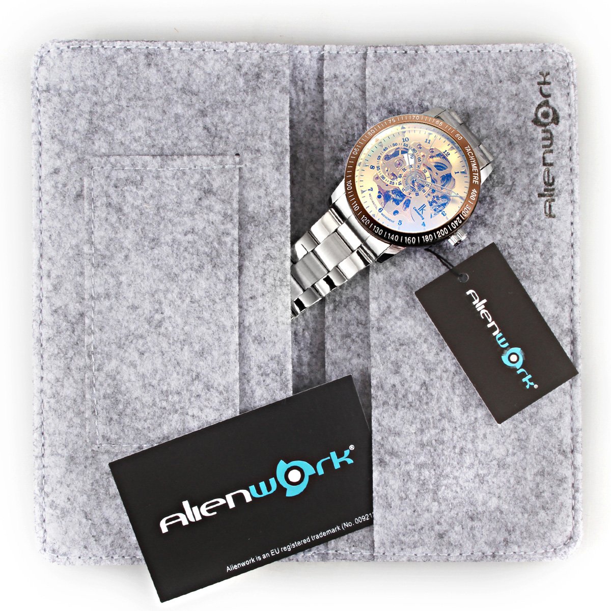 Alienwork IK Reloj Automático Hombre Mujer Plateado Pulsera de Metal Acero Oro Esqueleto Fondo de Vidrio