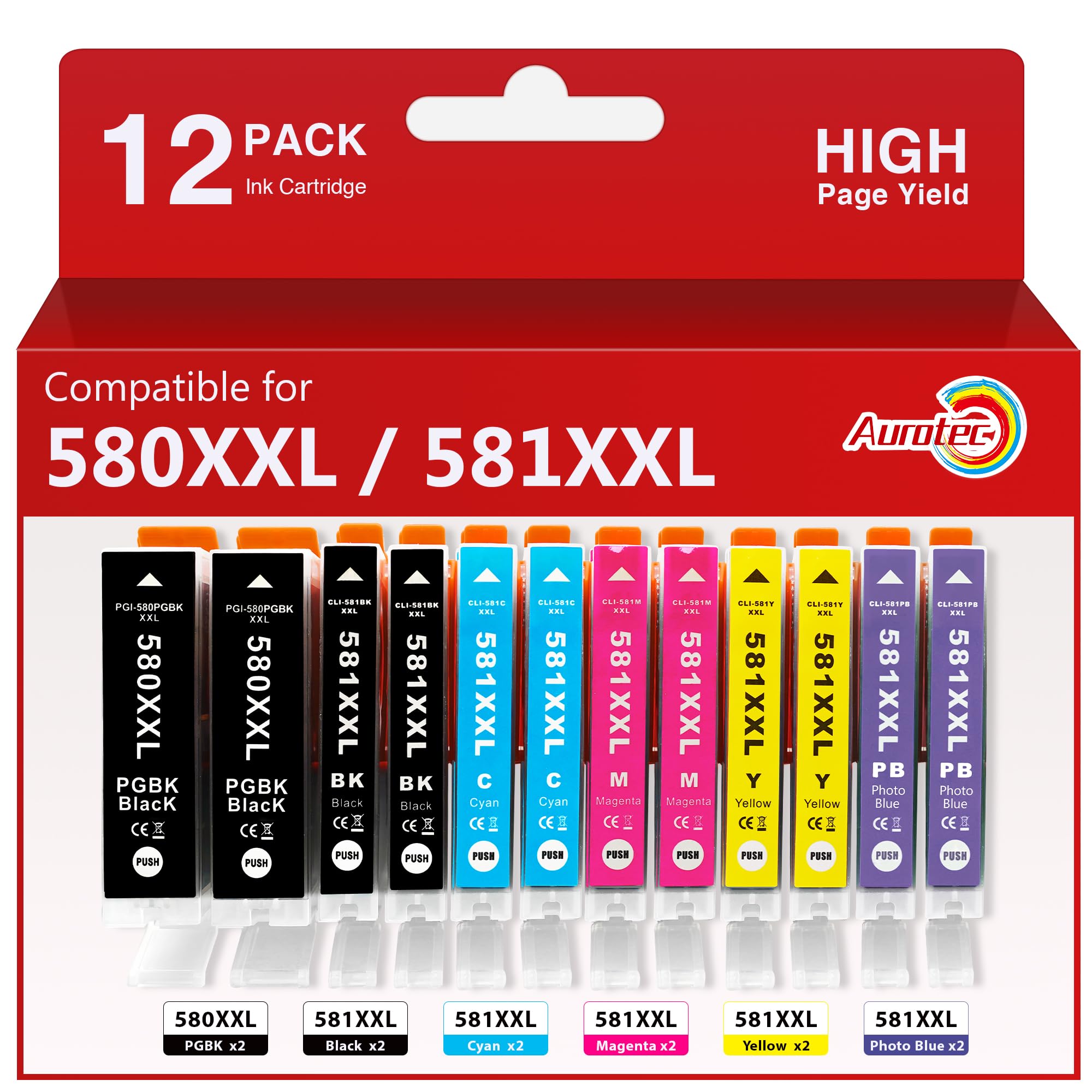 Aurotec PGI580XXL CLI581 XXL Cartuchos de Tinta Compatibles para Canon 580XXL 581XXL para Canon PIXMA TS8150 TS8151 TS8152 TS8250 TS8251 TS8252 TS8350 TS8350a TS8351 TS8351a TS8352 TS8352a (12-Pack)