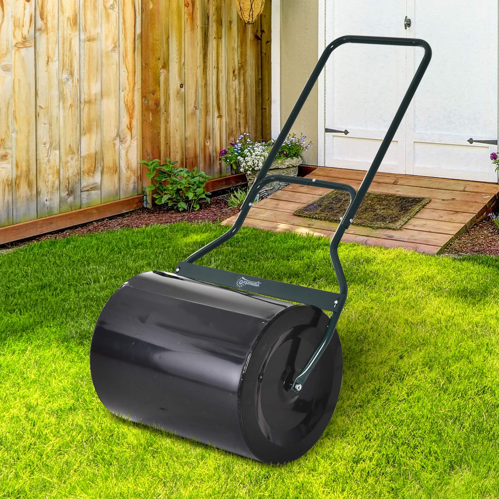 Outsunny Rullo da Giardino in Metallo Impermeabile Nero, Serbatoio Fino 60 Litri (Acqua o Sabbia), 57x40x123cm