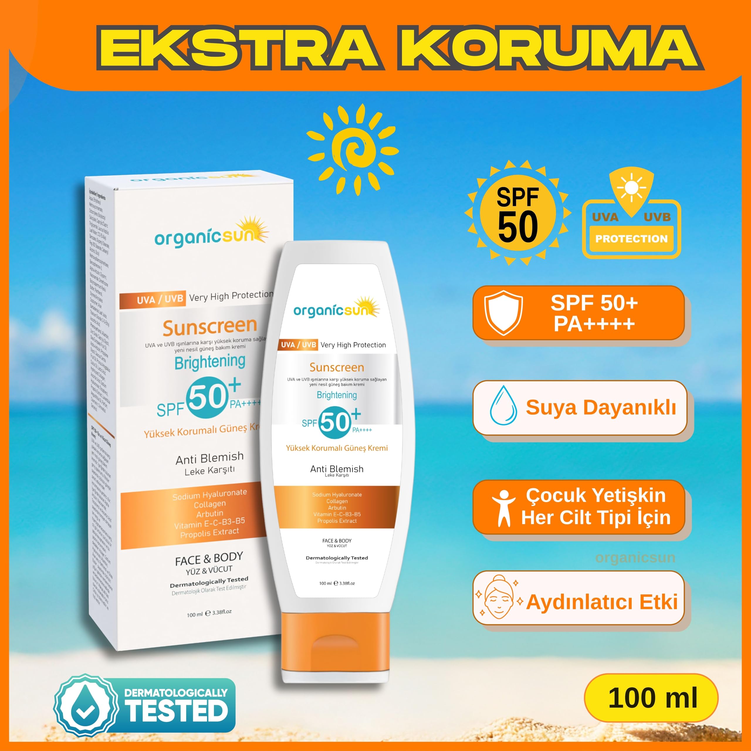 Organicsun Spf 50+ Yüz ve Vücut Güneş Kremi 100ML – Leke Karşıtı, Yüksek Korumalı, Suya Dayanıklı, Her Cilt tipine uygun, Vegan