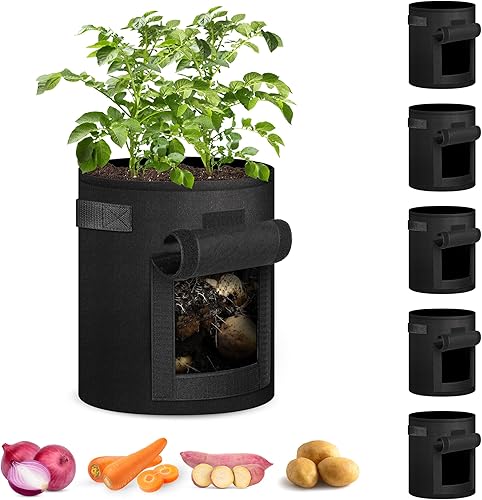 Miniatura 10 de iPower Paquete de 5 bolsas de cultivo de papas de 7 galones con asa, solapa de acceso y ventana visual, fácil de cosechar, contenedor de tela de
