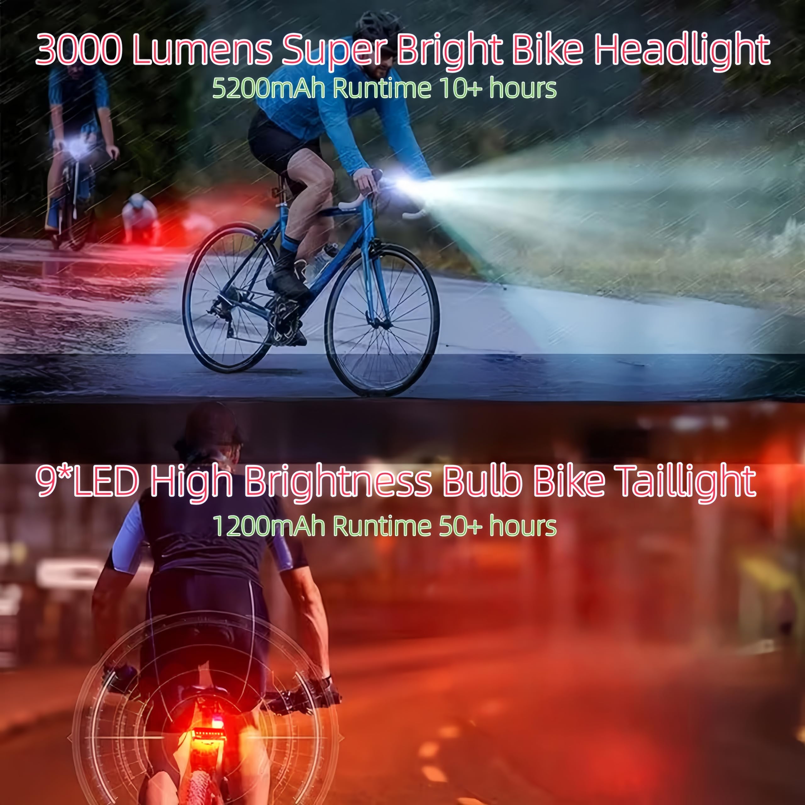 Luci per bici super luminose ad alta luminosità, durata 5200 mAh, oltre 10 ore, luci per bici ricaricabili anteriori e posteriori per guida notturna, 5 modalità di illuminazione, facili da installare