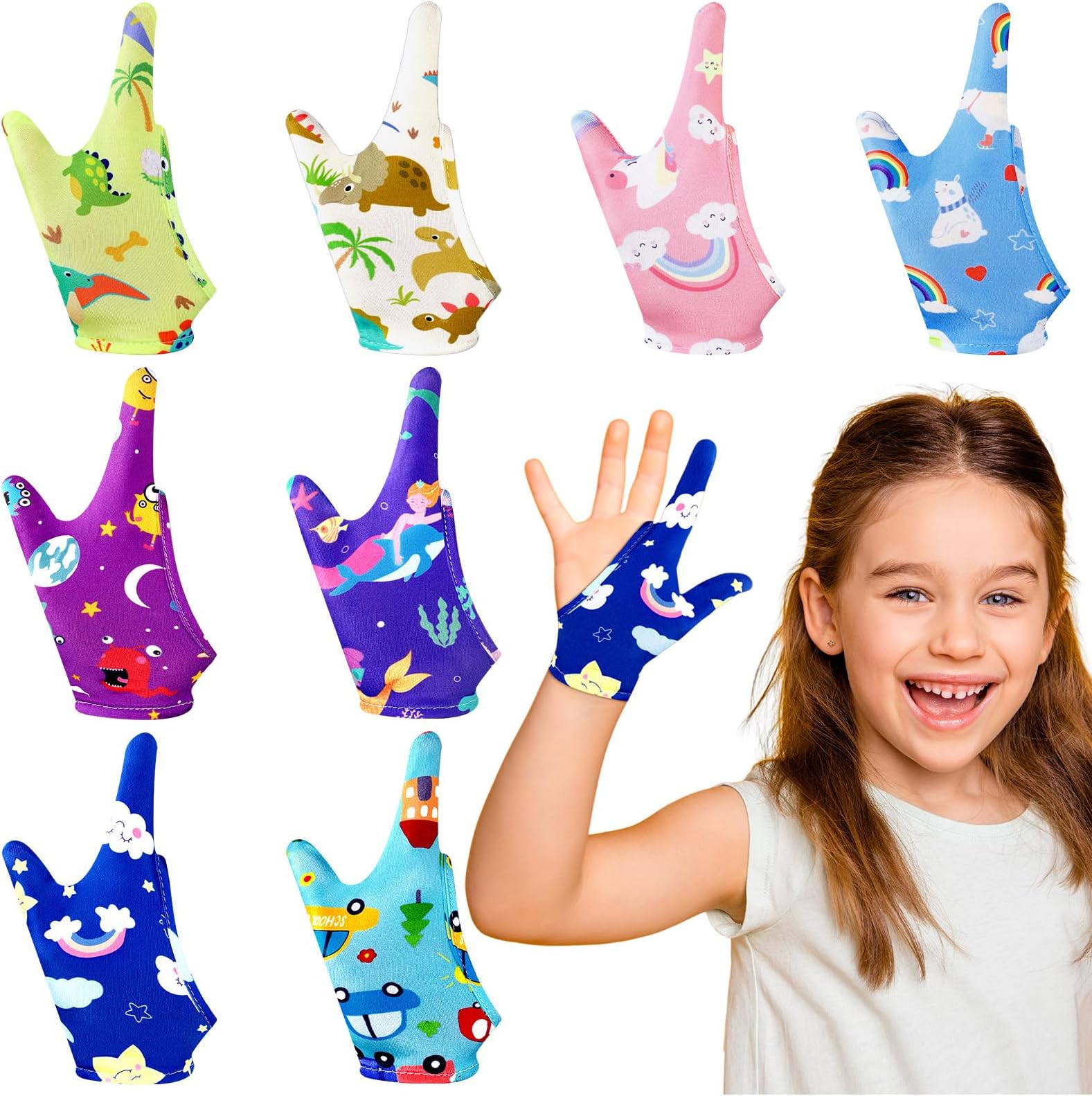 Janmercy 16 Pcs Thumb Sucking Stop for Kids Chewy Gloves Stop Breathable Thumb Guard for Nail Biting Gloves Cute Finger Sucking Stopper for Kids, 8 Style, 2 Finger(8-12 Years)