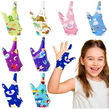 Janmercy 16 Pcs Thumb Sucking Stop for Kids Chewy Gloves Stop Breathable Thumb Guard for Nail Biting Gloves Cute Finger Sucking Stopper for Kids, 8 Style, 2 Finger8-12 Years