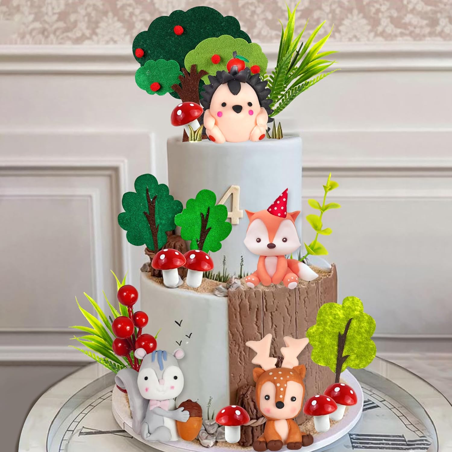 Woodland Animals Cake Topper with Fox Squirrel Hedgehog Sika Deer Mushroom for Woodland Birthday Supplies (Woodland Animals)