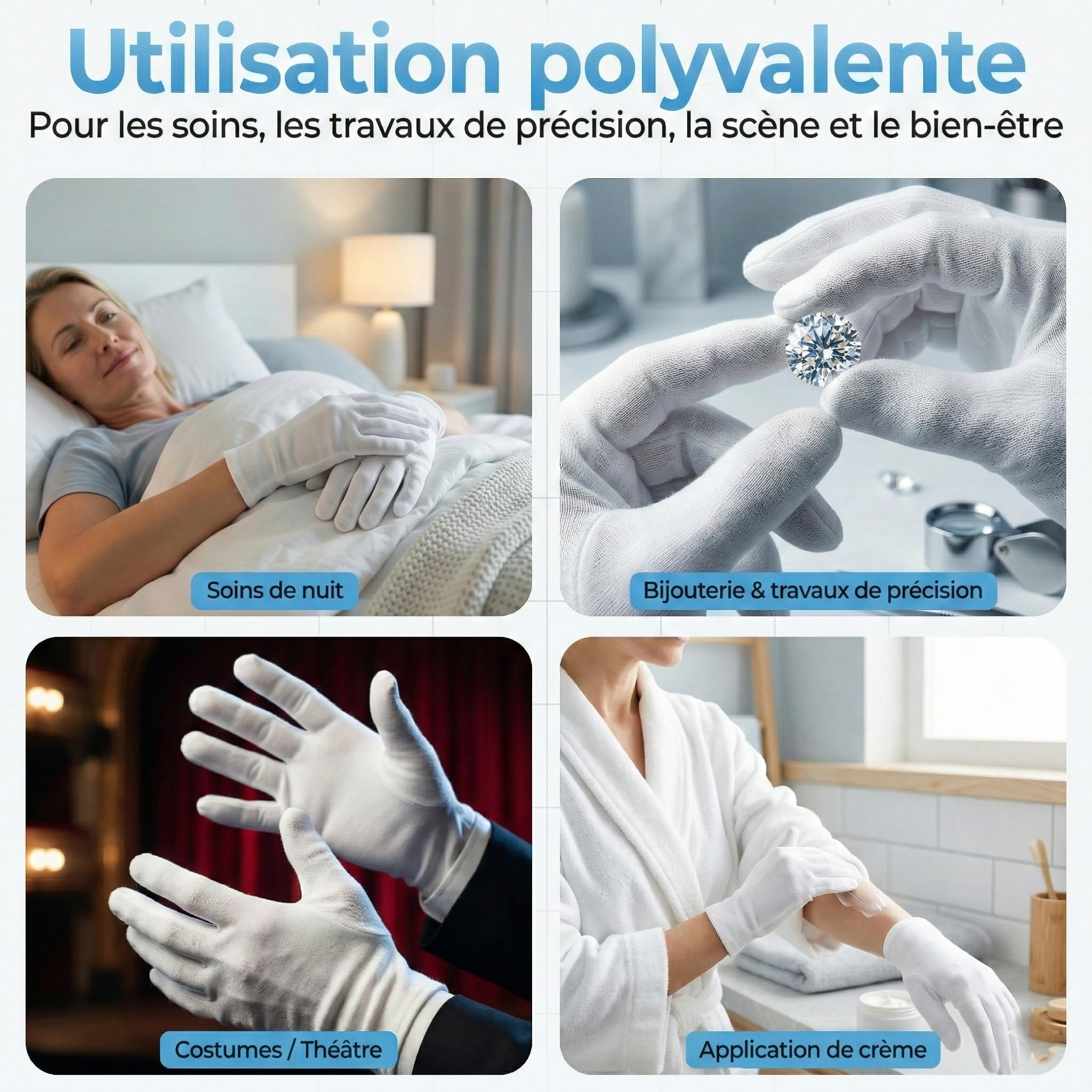 Gants coton dermatologique (Dermatest: Excellent) gants blancs pour eczema, gants hydratant main - antistatique - homme/femme - gants en coton de qualité supérieure (3 paires, M)