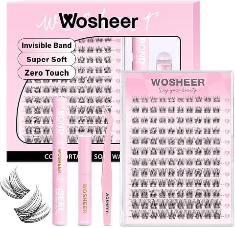 Cluster Lashes Kit Lashes Individual Cluster Kit Natural Lashes Wispy Lash Clusters with Bond and Seal & Remover D Curvature DIY Lash Extensions (8-16MM, Rougee Kit)