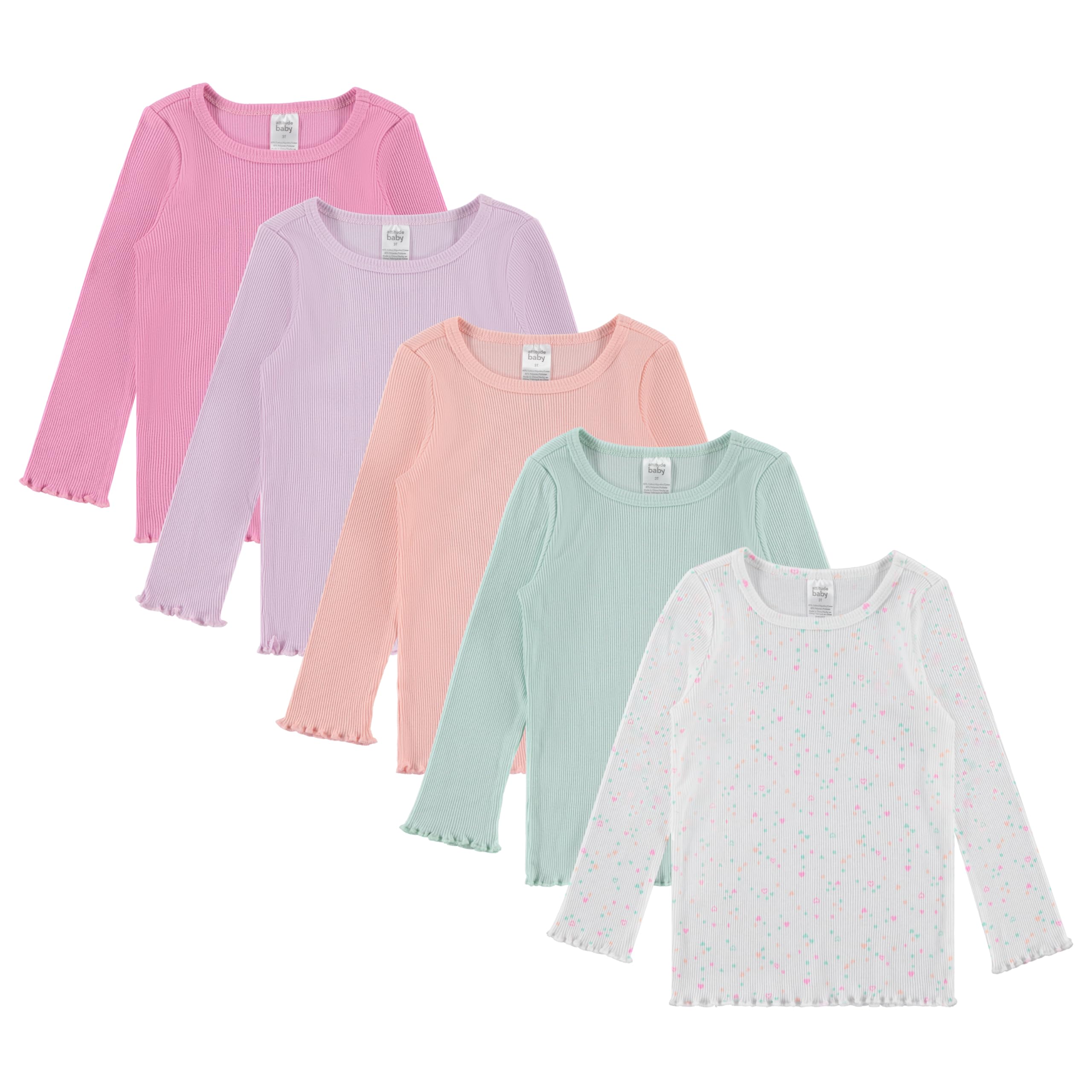 Cudlie 5-Pack Infant/Toddler Girl Long Sleeve Shirt - Basic Baby Tees, Blouses, Tops - Solid Print & Heart Print Tshirts Multi