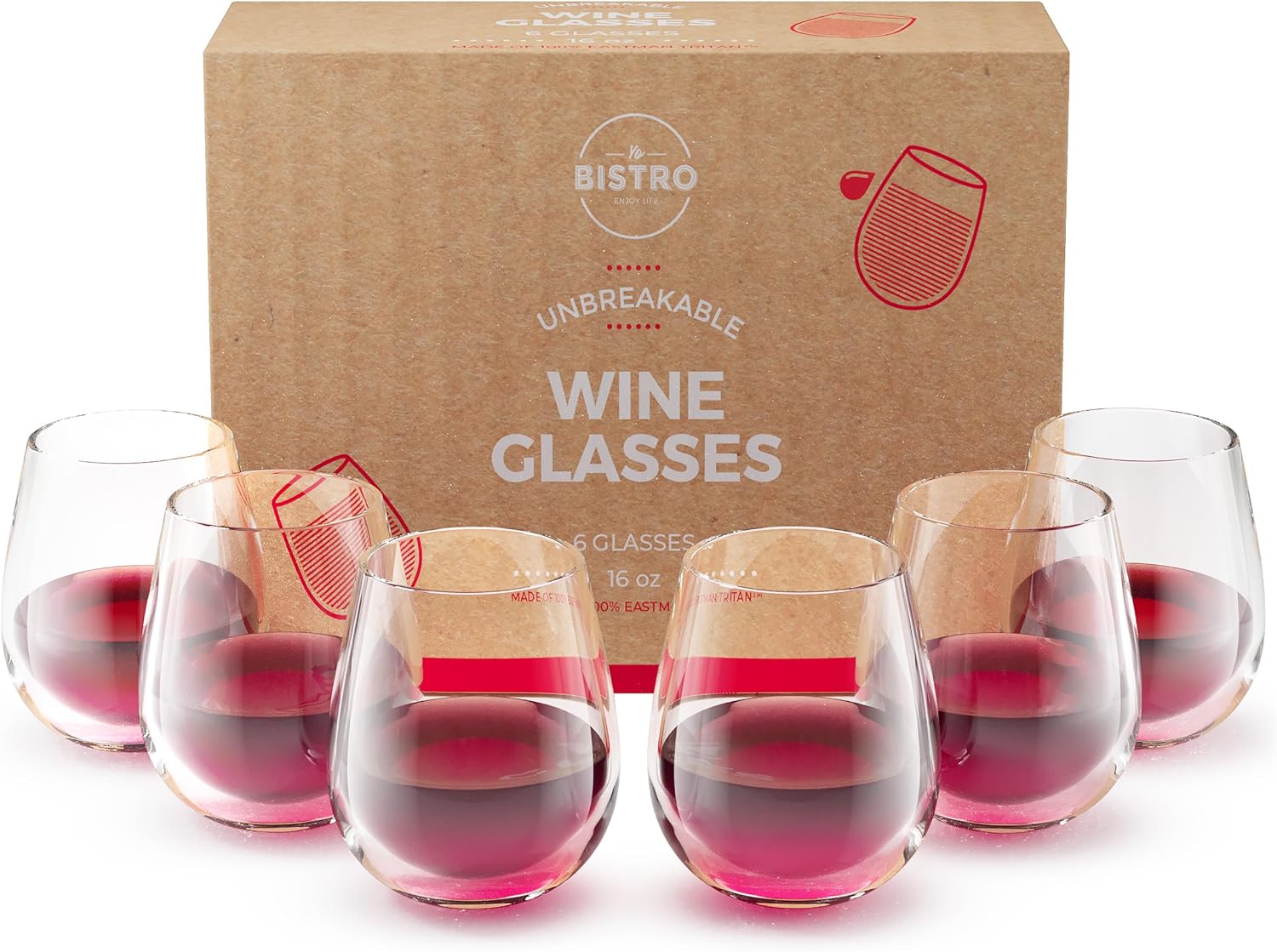 Unbreakable Stemless Wine Glasses | Set of 6 | 100% Tritan Shatterproof Plastic | 16 Oz | Dishwasher Safe
