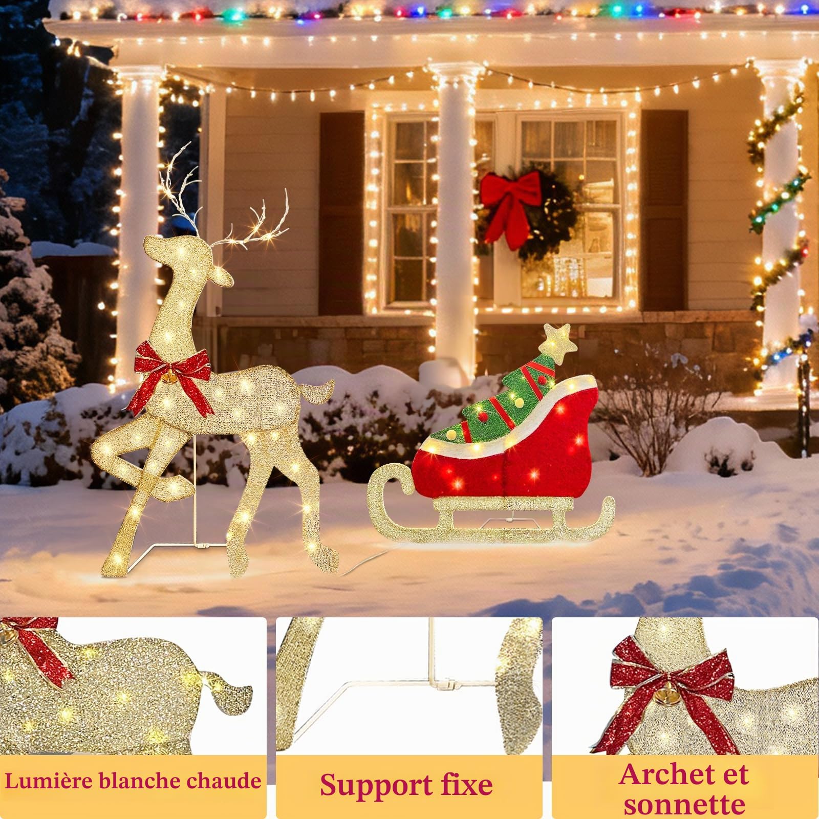 Renne Lumineux avec traîneau et 117 LED Blanc Chaud, décoration de Noël sur Pied avec détecteur de Musique et de Mouvement, Renne de Noël pour l'intérieur et l'extérieur, 107 cm