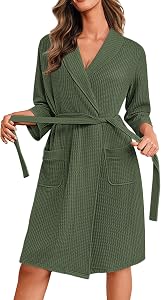 Ekouaer Robes for Women Waffle Knit Bathrobe Soft Lightweight Knee Length Loungewear with Pockets