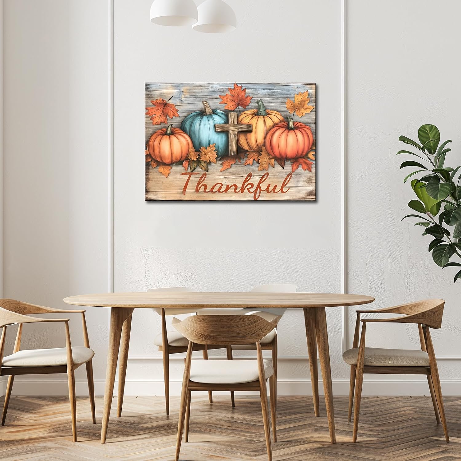 GLOKAKA Fall Wall Art Pumpkin Canvas Wall Art Thanksgiving Halloween Print Painting Farmhouse Christian Pumpkin and Fall Leaf Thankful Phrase Picture Wall Decor Framed