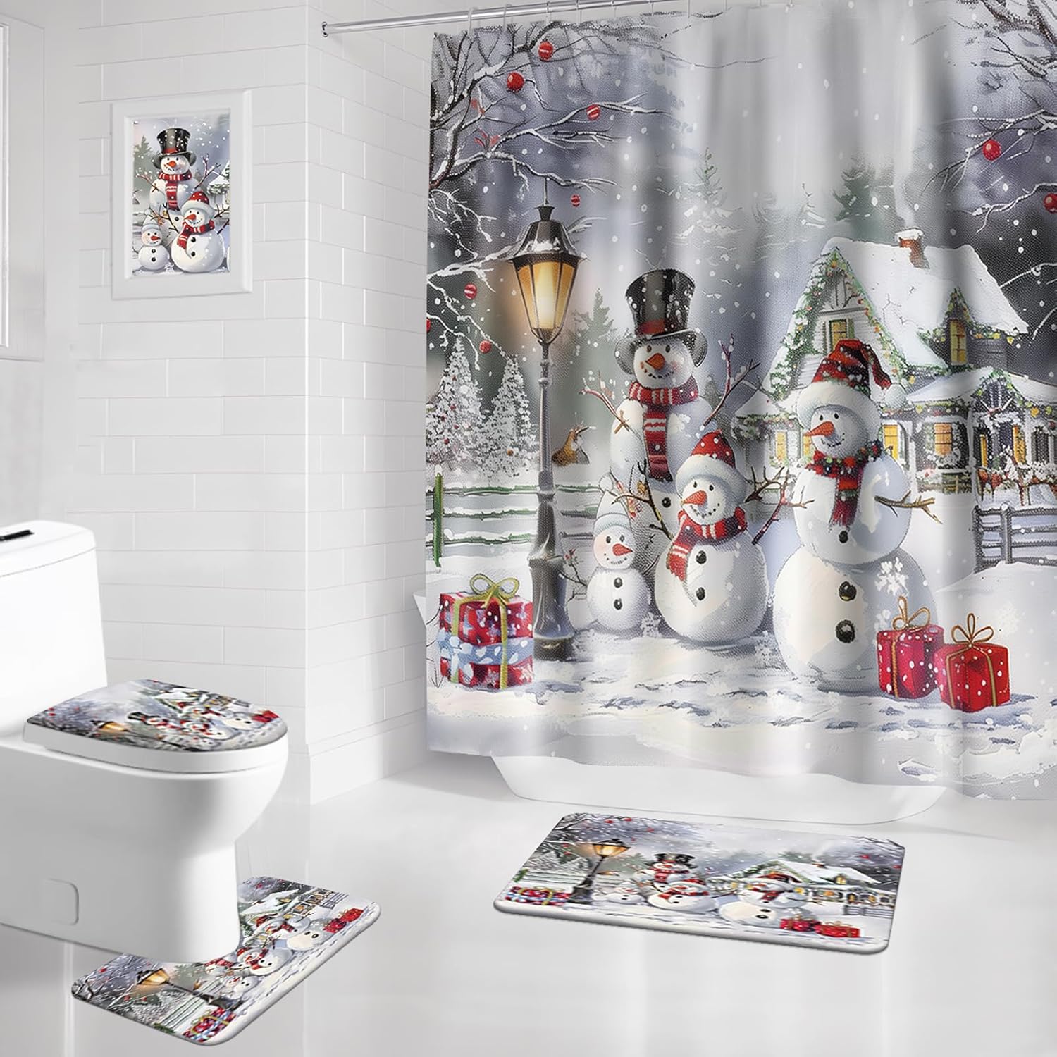 APROPHIC Christmas Snowman Shower Curtain Sets with Rugs for Bathroom Decor, Nons Slip Absorbent Rug, U Shaped Bath Mat, Toilet Lid Cover, Funny Xmas Winter Bathroom Accessories with 12 Hooks
