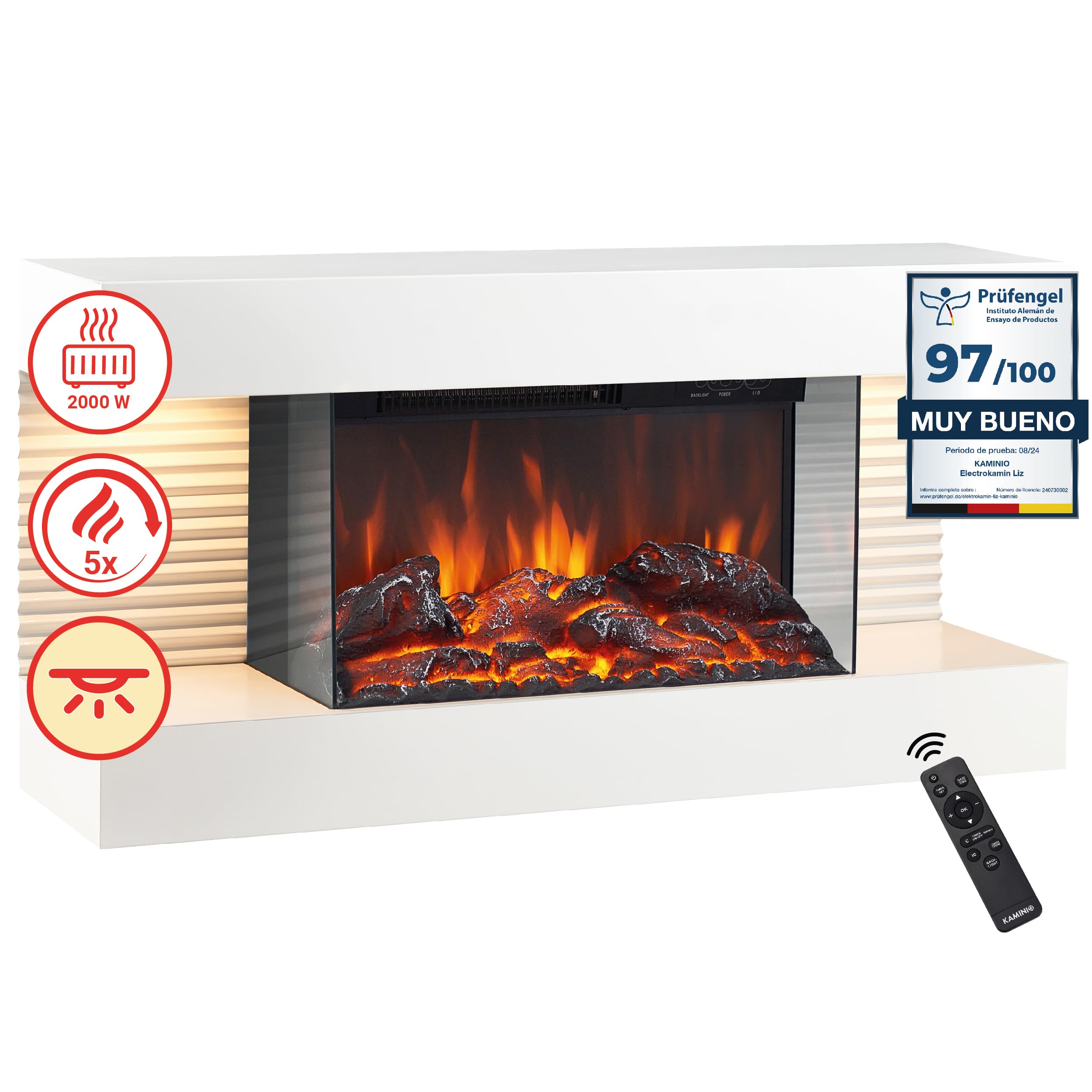KAMINIO Eléctrica Chimenea Liz - Chimenea eléctrica de Pared con calefacción, Efecto de Llama 3D, Luz Ambiental LED, Control Remoto (Blanco)