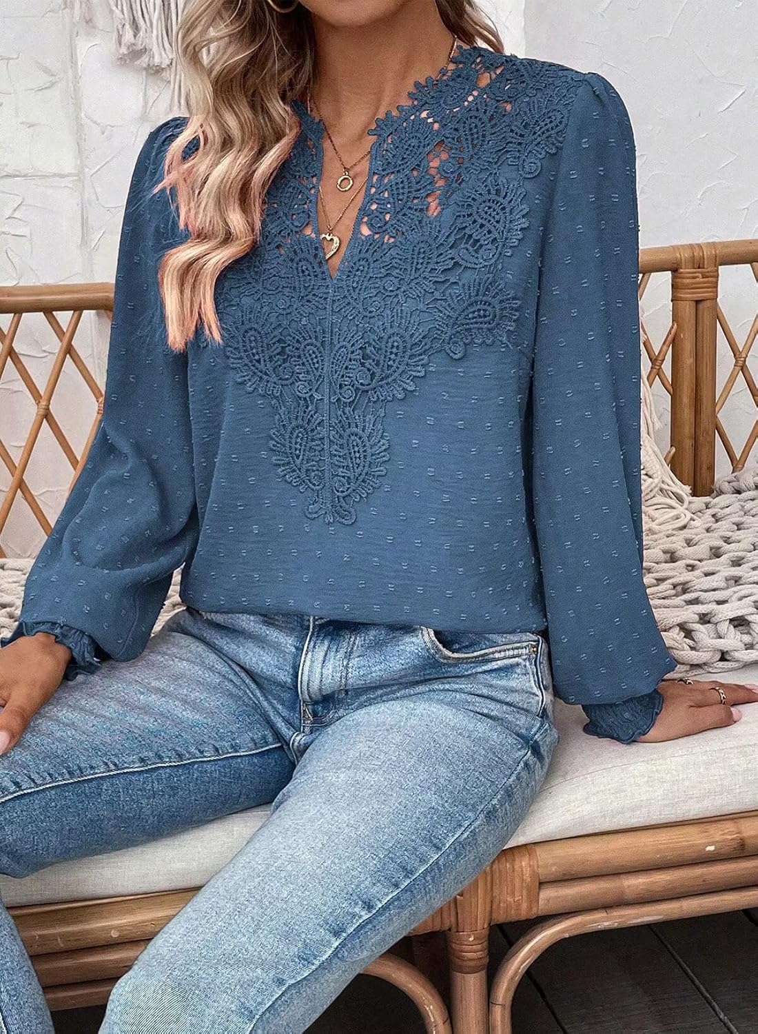 Womens Tops Swiss Dot Boho Long Sleeve Shirts V Neck Casual Chiffon Blouses Flowy Lace Hem Cute Clothing Trendy 2026 - Image 3