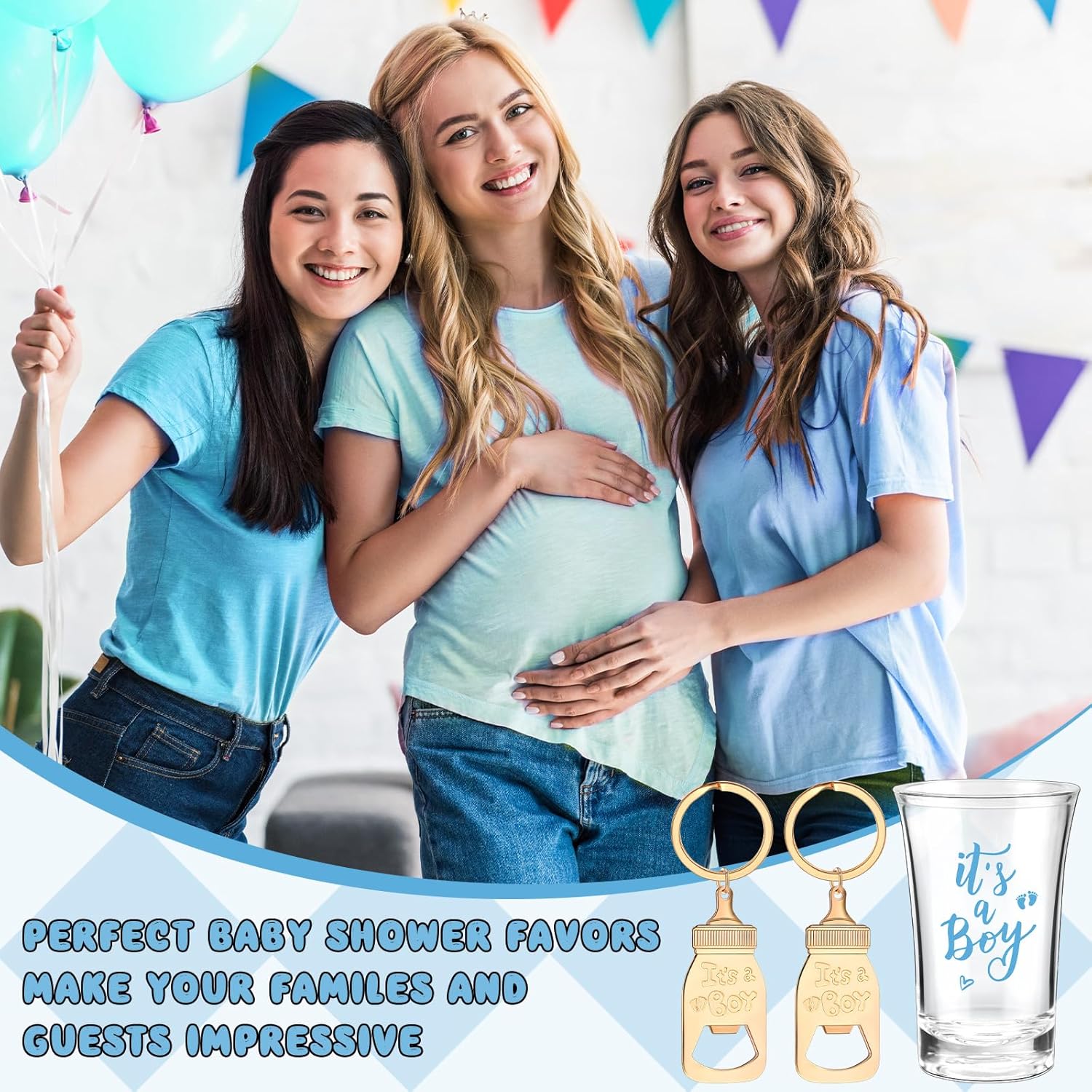 Vesici 50 Set Baby Shower Favors Acrylic Shot Glasses Gold Bottle Opener Keychains Thank You Tags and Bags for Baby Shower Party Gender Reveal Party Guests Return Gift (It's A Boy)