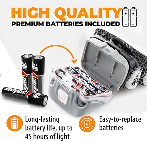 Miniatura 10 de Foxelli Linterna LED para adultos y niños, correr, campamento, senderismo con luz blanca y roja, faro ligero impermeable con diadema cómoda, 3 pilas