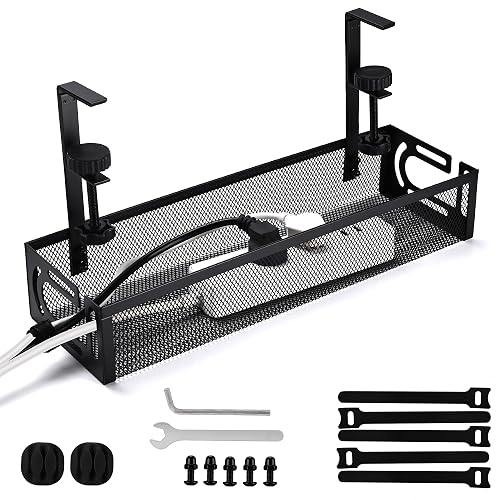 Under Desk Cable Management Tray Small – Clamp-Mounted Wire Organizer & Cord Management Under Desk Rack, No-Drill Metal Cable Organizer for Home Office (Black) - Black-L