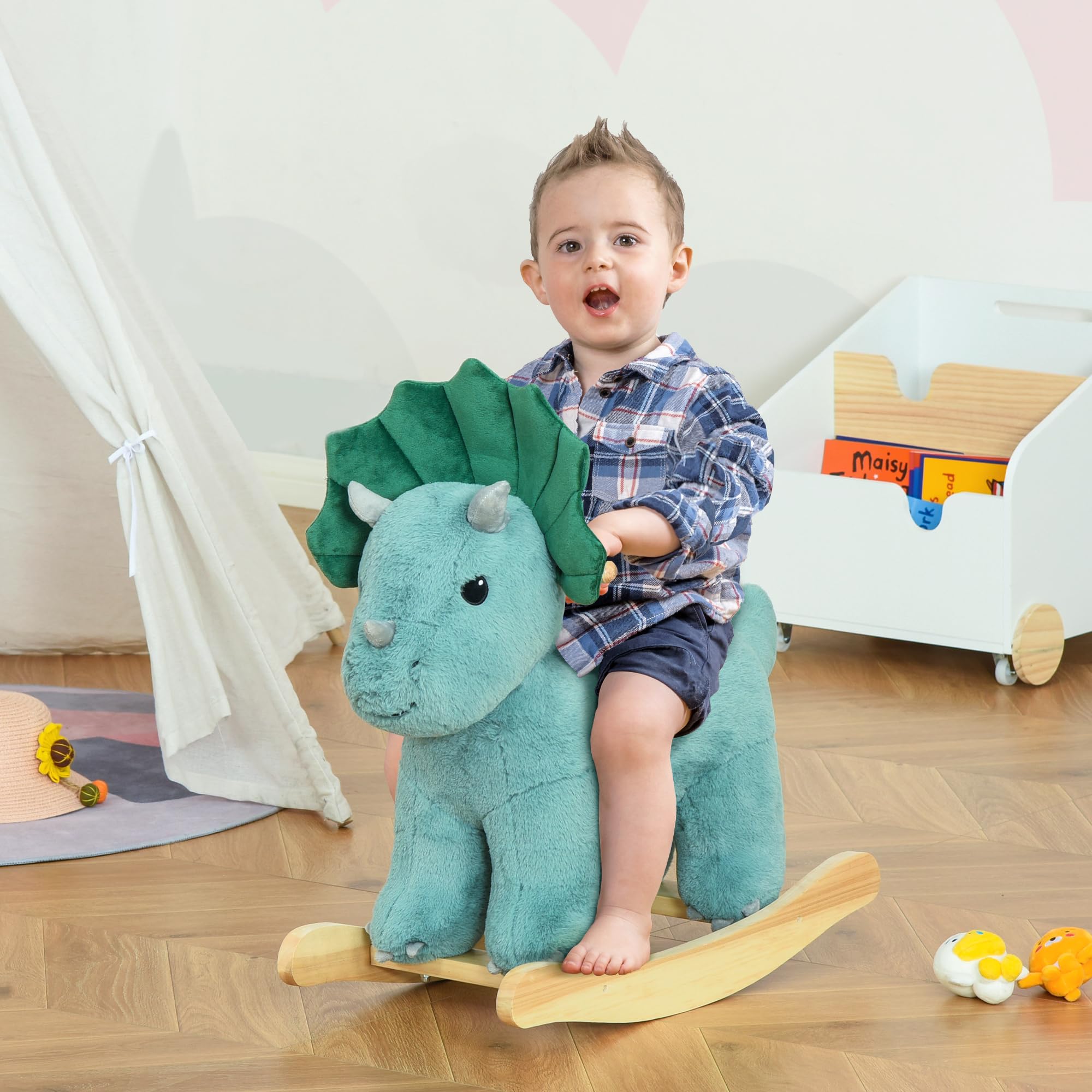 HOMCOM Cavallo a Dondolo per Bambini 3-6 Anni, Triceratopo, Verde Scuro