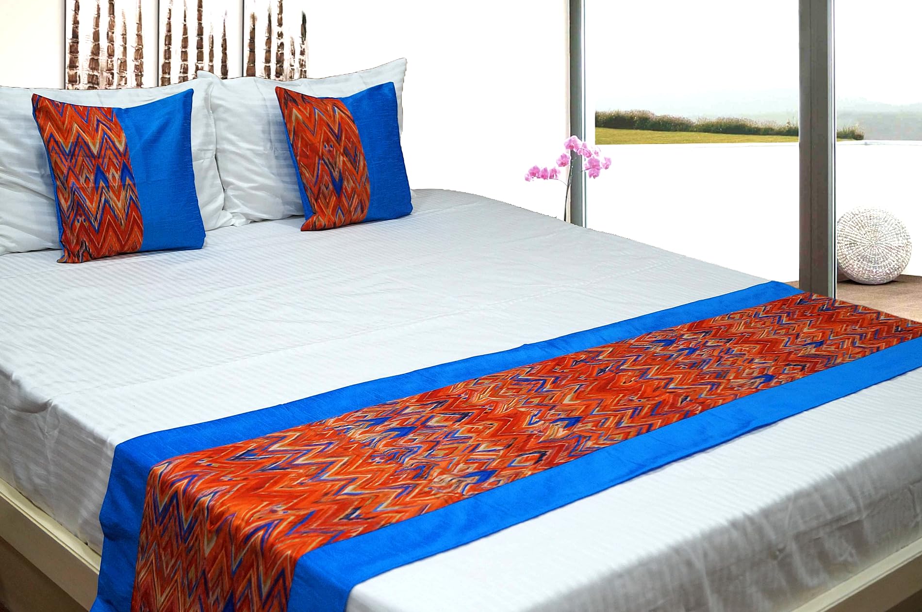 Vissage Abstract Design Double Bed Runner with 2 Cushion Covers, Blue & Red-image-13
