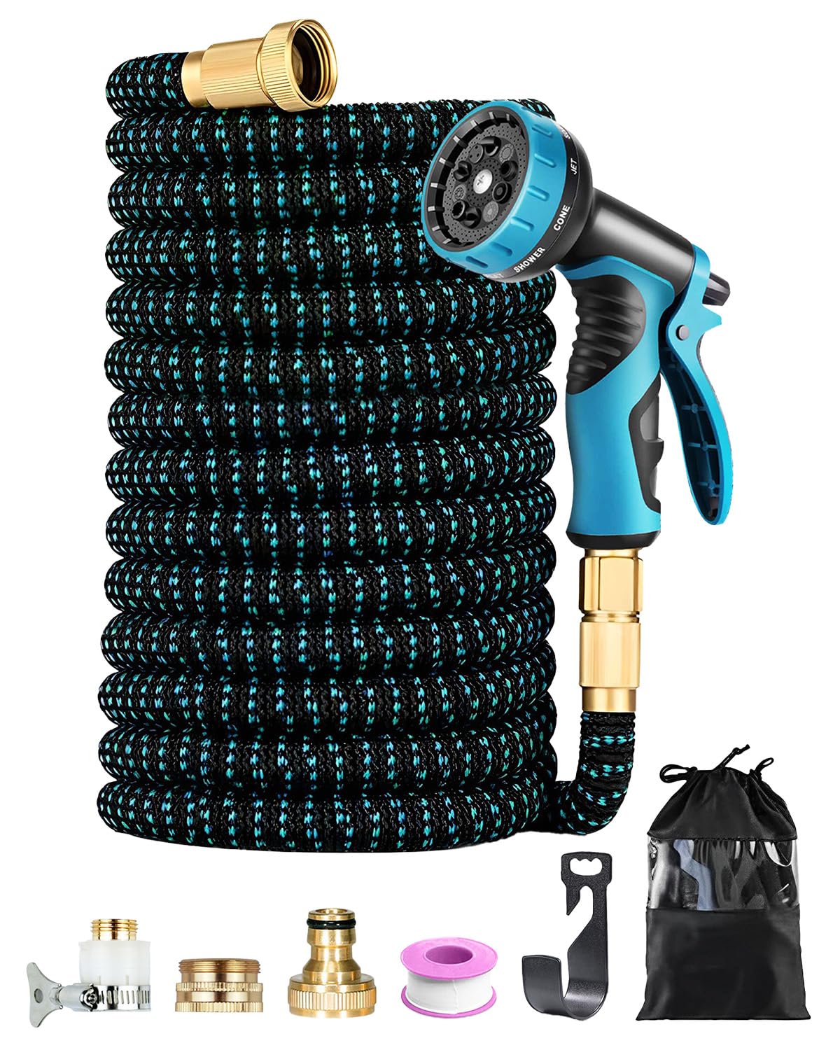 150FT Expandable Garden Hose, 45M Expandable Water Hose for Gardening with 10-Pattern Spray Nozzle, Leak-Proof & Kink-Free, 4-Layer Latex Core, 1/2" 3/4" Universal Fittings, Black & Blue