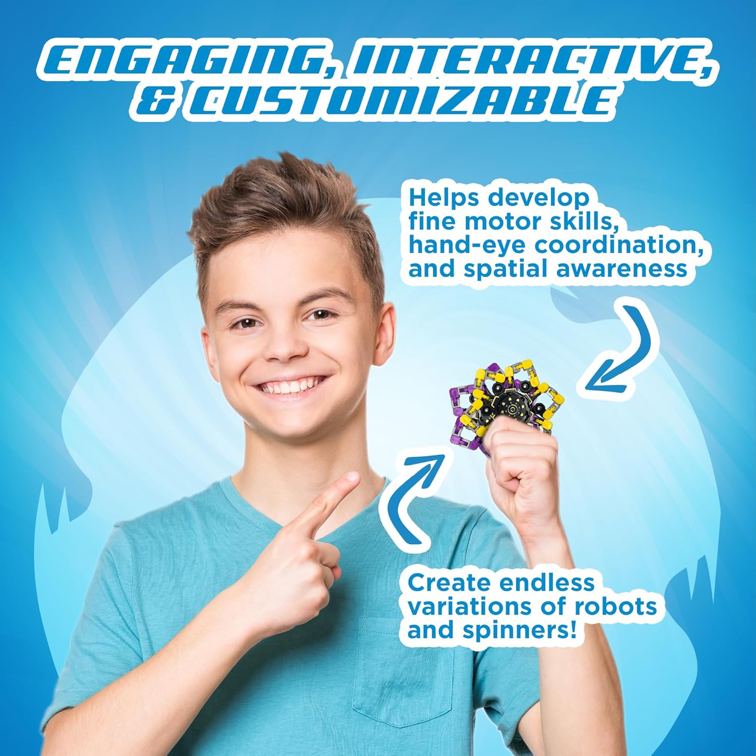 Robo Spinner Fidget Spinner Toys, 4 Pack - Transformable Sensory Fidget Toy for Kids & Adults - Stress Relief Anxiety Toy for Boys & Girls - Build Endless Shapes, Robot Party Favors, Birthday Gifts