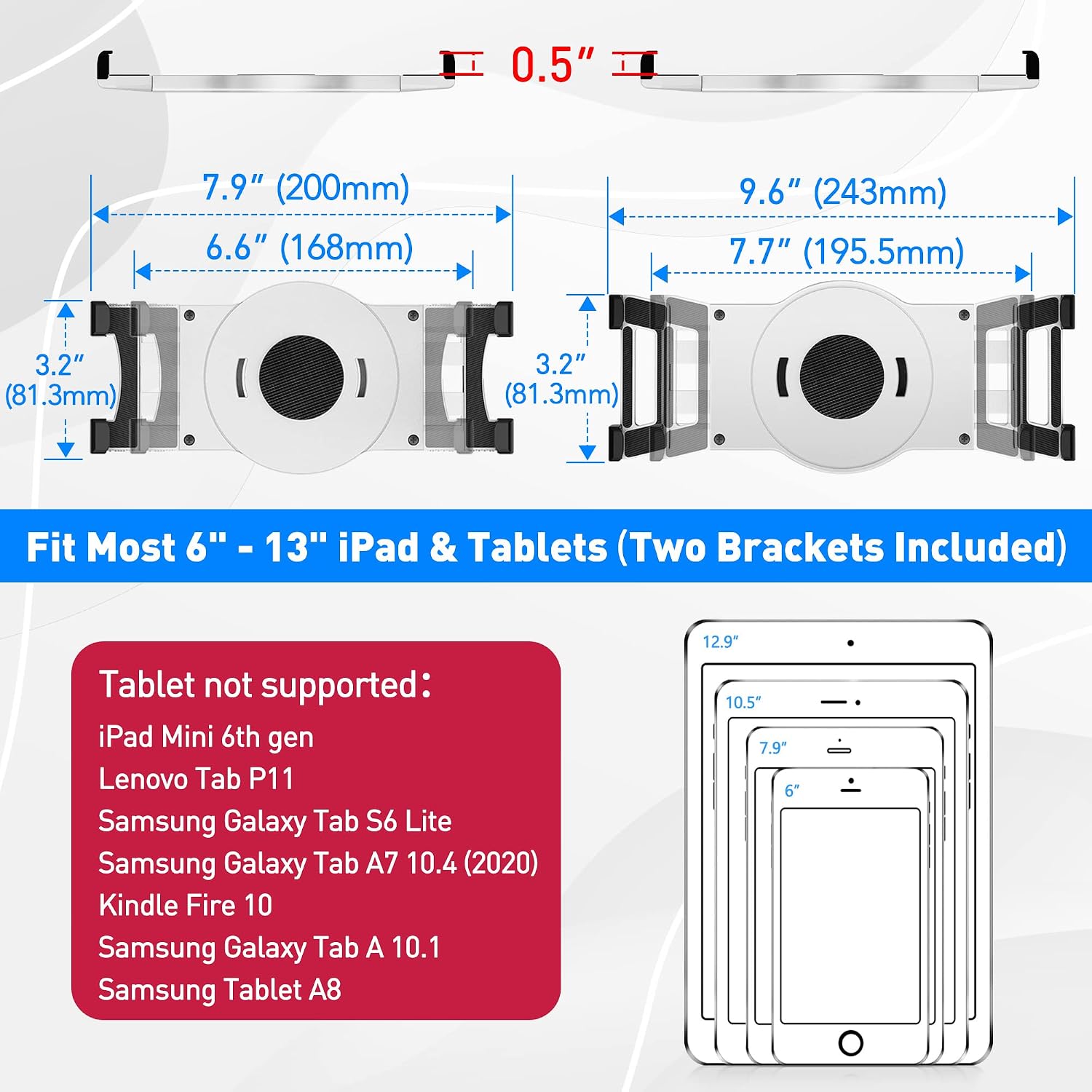 AboveTEK iPad Wall Mount, Swivel 360° Rotating Tablet Holder Two Brackets to Fit 6-13" Tablets, Horizontal/Vertical Tilt iPad Arm for Flexible Viewing Angles in Kitchen Showroom Retail Store (White)