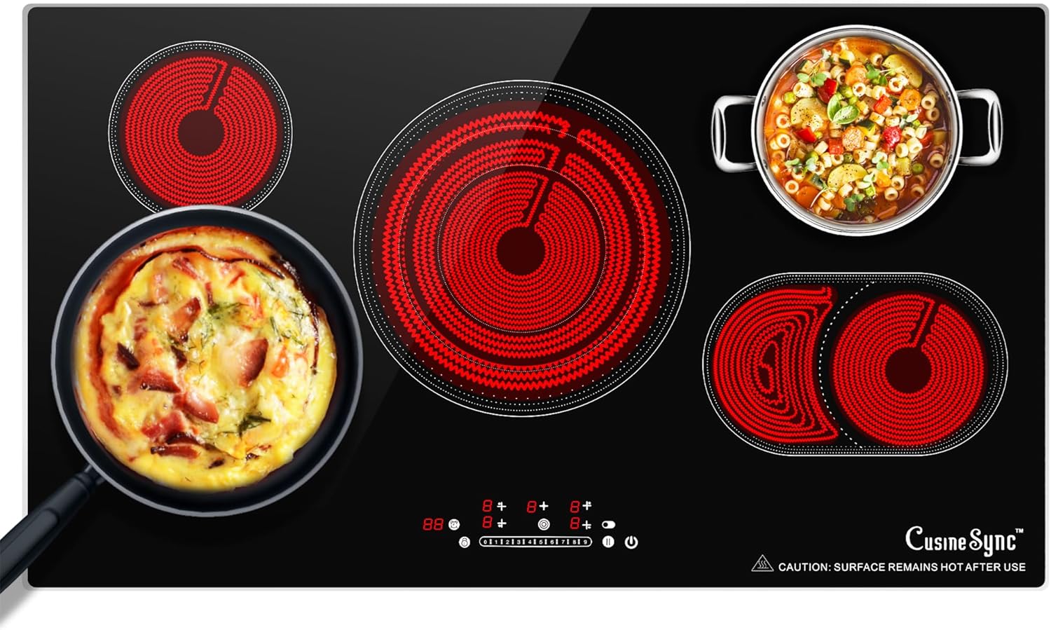 36 Inch Electric Cooktop 5 Burner, Built-In Ceramic Glass Cooktop 220-240V Hardwired, 9200W Radiant Electric Stove Top with Touch Control, 9 Heat Levels, Timer, Safety Lock, Works with All Cookware